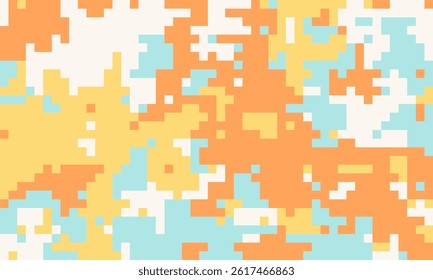 Abstract pixel art background.  Pastel orange, yellow, and blue hues create a vibrant, modern digital camouflage pattern. Ideal for website banners, social media, or textile designs.