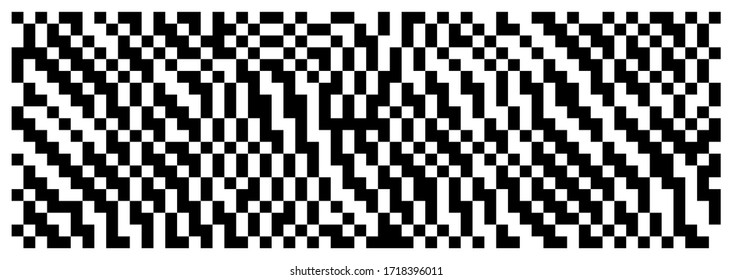 Abstract pixel art background with random shapes. Grid of little white, black squares. Universal minimal QR code style. Vector illustration. Shuffled element of design. Seamless digital brochure cover