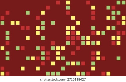Abstractas fondo de pixel art.  Los cuadrados rojos, amarillos y verdes esparcidos sobre un fondo marrón crean un diseño vibrante, juguetón y moderno.