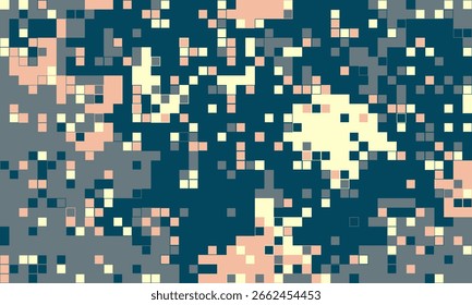 Abstract pixel art background.  Stylish digital camouflage pattern in muted teal, beige, and grey tones. Perfect for website banners, tech presentations, or modern design projects.