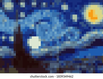 abstract pixel art background, vector illustration inspired by the painting of Vincent Van Gogh, Moonlit Night. Glowing moon and starry sky abstract background Impressionist colors in a modern version