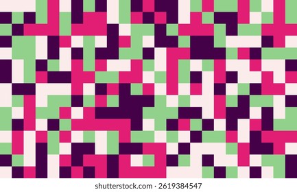 Fundo abstrato da arte em pixels.  Quadrados rosa vibrante, verde e roxo criam um padrão dinâmico e moderno. Ideal para banners de sites, posts de mídias sociais ou designs com tecnologia.