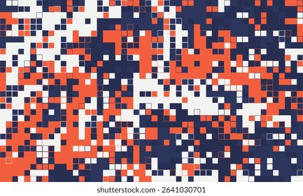Abstract pixel art background.  Vibrant orange, white, and navy blue squares create a dynamic, modern design.