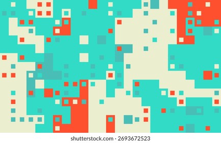 Abstractas fondo de pixel art.  Los vibrantes cuadrados de cerceta, coral y crema crean un diseño dinámico y moderno.
