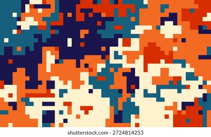 Fundo abstrato da arte em pixels.  Paleta de cores vibrantes e retrô de laranja, azul-petróleo e azul-marinho cria um visual dinâmico e texturizado. Ideal para banners de sites, projetos de tecnologia ou projetos de arte moderna.