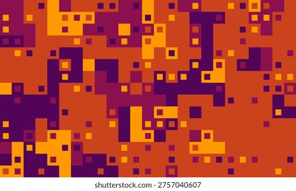 Abstract pixel art background.  Vibrant orange, purple, and gold squares create a dynamic, energetic design. Perfect for tech, gaming, or modern design projects.