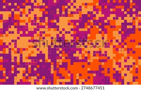 Abstract pixel art background.  Vibrant orange and purple mosaic pattern. Ideal for tech, digital, or modern design projects. Represents data, technology, or connectivity.