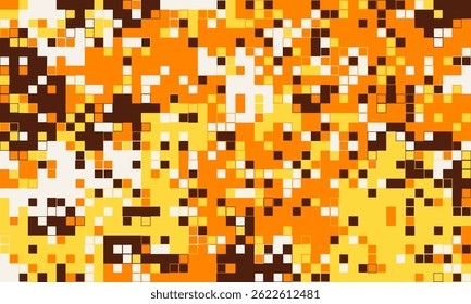 Abstract pixel art background. Warmtoned mosaic of orange, yellow, and brown squares.  Ideal for website banners, digital art, and modern design projects.