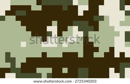 Abstract pixel art camouflage pattern in muted greens and browns.  Perfect for backgrounds, textures, or militarythemed designs.  Suggests concealment, strategy, or digital technology.