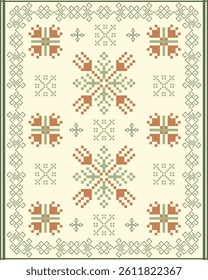Abstract pixel art geometric pattern design for fabric, carpet, tile, clothing, embroidery, needlepoint and background. Vector pixel art seamless motif Native American. Geometric pixel art pattern.