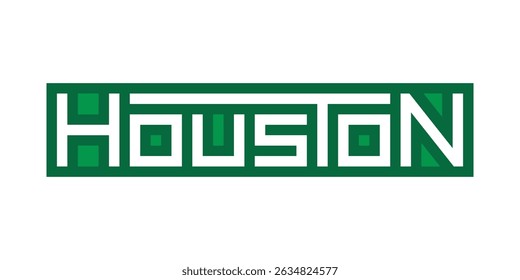 Un gráfico abstracto de pixel art que representa la palabra "Houston" con un diseño geométrico, en verde y blanco, que se asemeja a un Lugar famoso icónico de la ciudad para proyectos creativos.