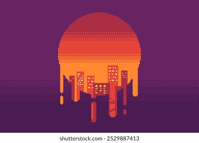 Resumo Pixel Art Ilustração de Retro 80s derretimento Símbolo do pôr do sol com edifícios da paisagem urbana dentro do sol