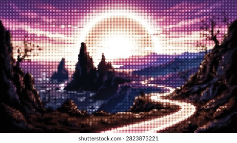 Abstract pixel art landscape with large, bright sun over winding river and distant hills. unique retro aesthetic.