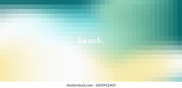 Abstract pixel art seaside, beach gradient background. Pixelated ocean landscape top view. Sea wave pixels pattern. Pastel colored horizontal vector banner, header. Blurred sea gradient mosaic bg