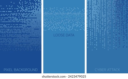 Abstract pixel art vertical poster set. Shades of blue. Instagram stories backgrounds. Copy space. Digital design for technical and social media projects.