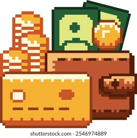 Abstract pixel art wallet with banknotes and coins. Retro 8bit game icon of money and wallet illustration.