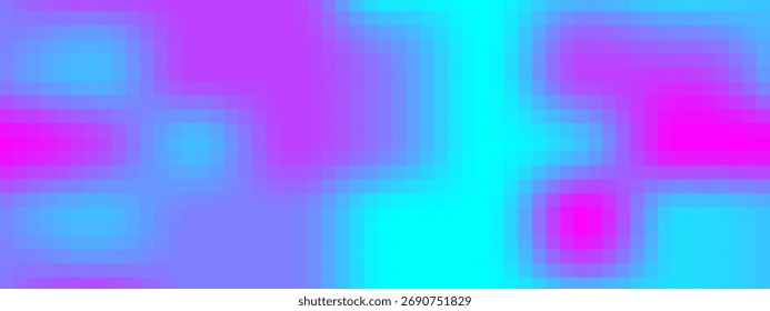 Fundo de pixel abstrato exibindo padrão de gradiente com quadrados de mosaico ciano e rosa. Blocos geométricos, blocos, células formam uma grade digital. Efeito de textura moderna de vetor.