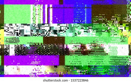 Abstract pixel background broken glitch texture. Image of distorted damaged television broadcast. Error encoded digital video signal. Vector illustration.