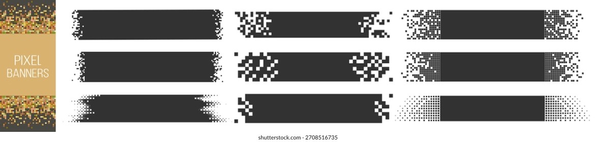Abstract pixel banner set, monochrome rectangle backgrounds, modern digital design templates on transparent background