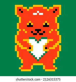 Abstract pixel bear. Modern cute pixel animal holding heart. Retro colorful art 90th video game style. Vector illustration