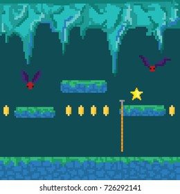 Abstract Pixel cave. 8 bit pixel retro game. Vector illustration