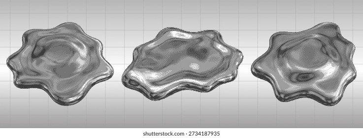 Abstract pixel chrome liquid blobs with glossy mercury surface. Futuristic Y2K elements, molten metal forms, dithered reflective textures. 