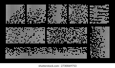 Abstract pixel disintegration shape with fading square dots. Digital decay effect forming mosaic texture for modern tech, art and concept design