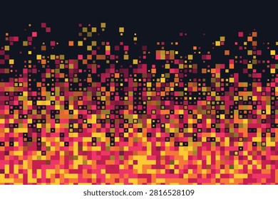 Abstract pixel dispersion pattern with gradient squares in shades of red, orange, and yellow colors