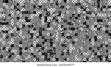 Abstract pixel glitch pattern with black and white digital noise, geometric distortion, 8-bit pixel texture and retro pixelated elements. Vector background in monochrome style