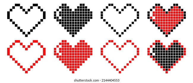 Abstract pixel heart for computer game. Red and black color pixel heart on cartoon style. Vector set.
