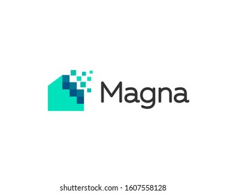 Abstract pixel house logo icon design modern digital style illustration. Motion pixel flow vector emblem sign symbol mark logotype