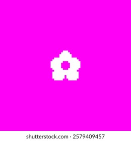 Abstract pixel illustration of white flower on bright pink isolated background. Retro futuristic y2k aesthetics. Geometric shape in 80s - 90s style. For game interfaces or stickers. Vector.
