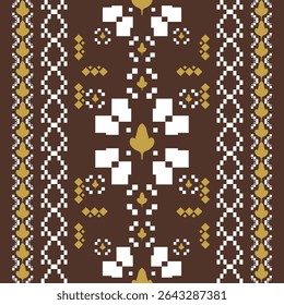 Abstract Pixel Inspired Geometric Traditional Motif Style Beautiful Pattern with Florals Leaves White Yellow on Brown Background. Delicate Neatly Magnificent Design for Culture Handicraft  Mosaic Knit