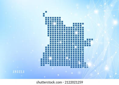Abstract pixel map of Angola on blue Gradient Background, 3D Mesh Vector Polygon network connect.
