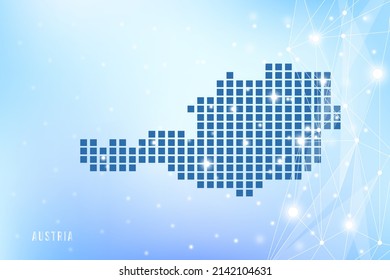 Abstract pixel map of Austria on blue Gradient Background, 3D Mesh Vector Polygon network connect.