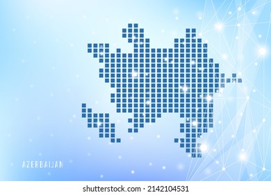 Mapa de píxeles abstractos de Azerbaiyán en fondo degradado azul, conexión de red de polígono de vectores de malla 3D.