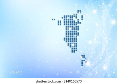 Mapa de píxeles abstractos de Bahréin sobre fondo degradado azul, conexión de red de polígono de vectores de malla 3D.