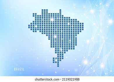 Mapa de píxeles abstractos de Brasil sobre fondo degradado azul, conexión de red de polígono de vectores de malla 3D.