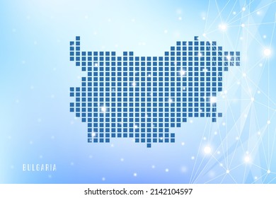 Abstract pixel map of Bulgaria on blue Gradient Background, 3D Mesh Vector Polygon network connect.