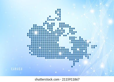 Abstract pixel map of Canada on blue Gradient Background, 3D Mesh Vector Polygon network connect.