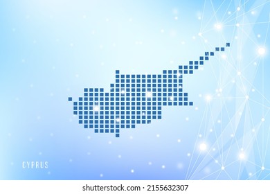 Abstract pixel map of Cyprus on blue Gradient Background, 3D Mesh Vector Polygon network connect.