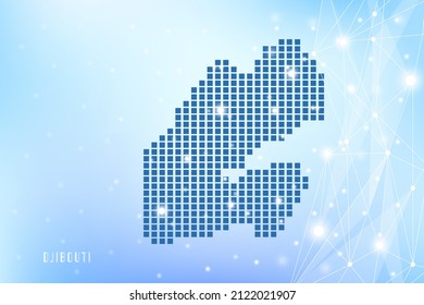 Mapa de píxeles abstractos de Yibuti en fondo degradado azul, conexión de red de polígono de vectores de malla 3D.