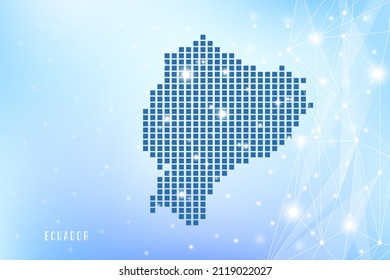 Mapa de píxeles abstractos de Ecuador sobre fondo degradado azul, red de polígono de vectores de malla 3D.