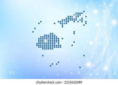 Mapa de píxeles abstractos de Fiyi en fondo degradado azul, red de polígono de vectores de malla 3D conectada.