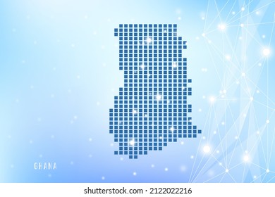 Abstract pixel map of Ghana on blue Gradient Background, 3D Mesh Vector Polygon network connect.