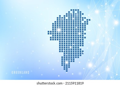 Mapa de píxeles abstractos de Groenlandia sobre fondo degradado azul, red de polígono de vectores de malla 3D.