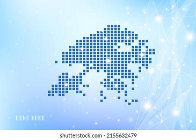 Mapa de píxeles abstractos de Hong Kong sobre fondo degradado azul, conexión de red de polígono de vectores de malla 3D.