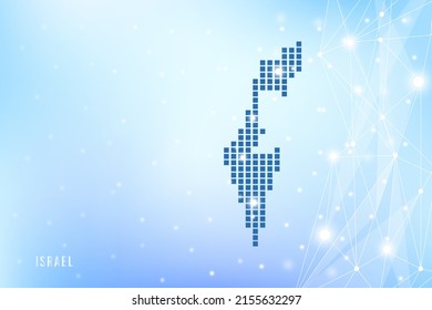Abstract pixel map of Israel on blue Gradient Background, 3D Mesh Vector Polygon network connect.