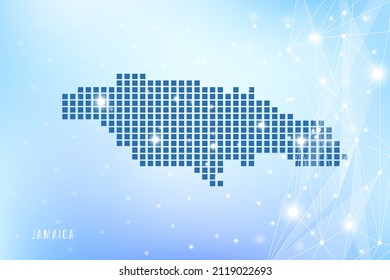 Abstrakte Pixelkarte von Jamaika auf blauem Farbverlauf-Hintergrund, 3D Mesh Vector Polygon Netzwerk verbinden.