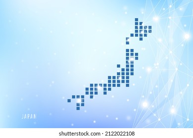 Abstract pixel map of Japan on blue Gradient Background, 3D Mesh Vector Polygon network connect.